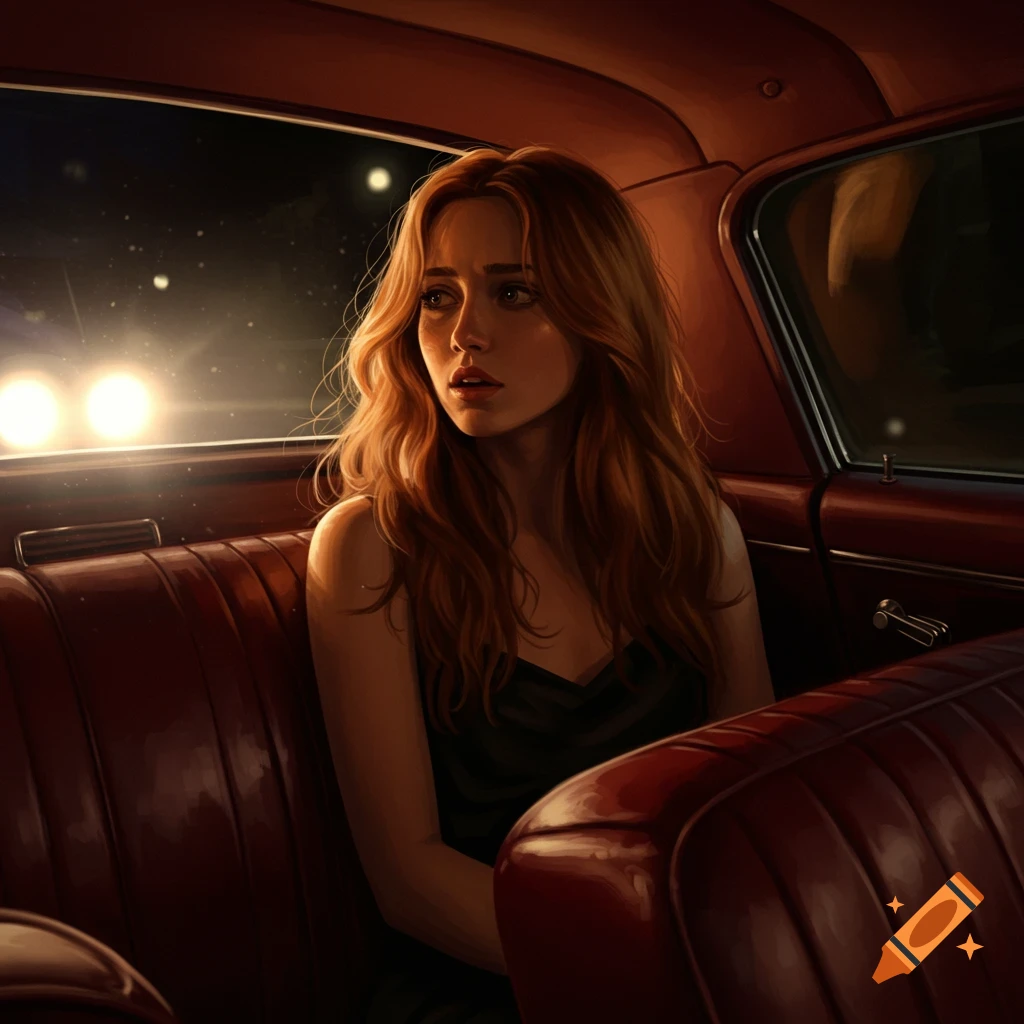 A distressed woman with long hair sits in the back of a car at night, blinded by headlights.