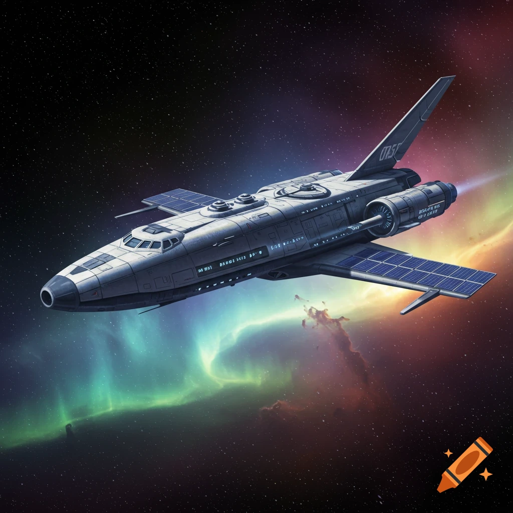 A spaceship with solar panels flying through space near a colorful nebula.