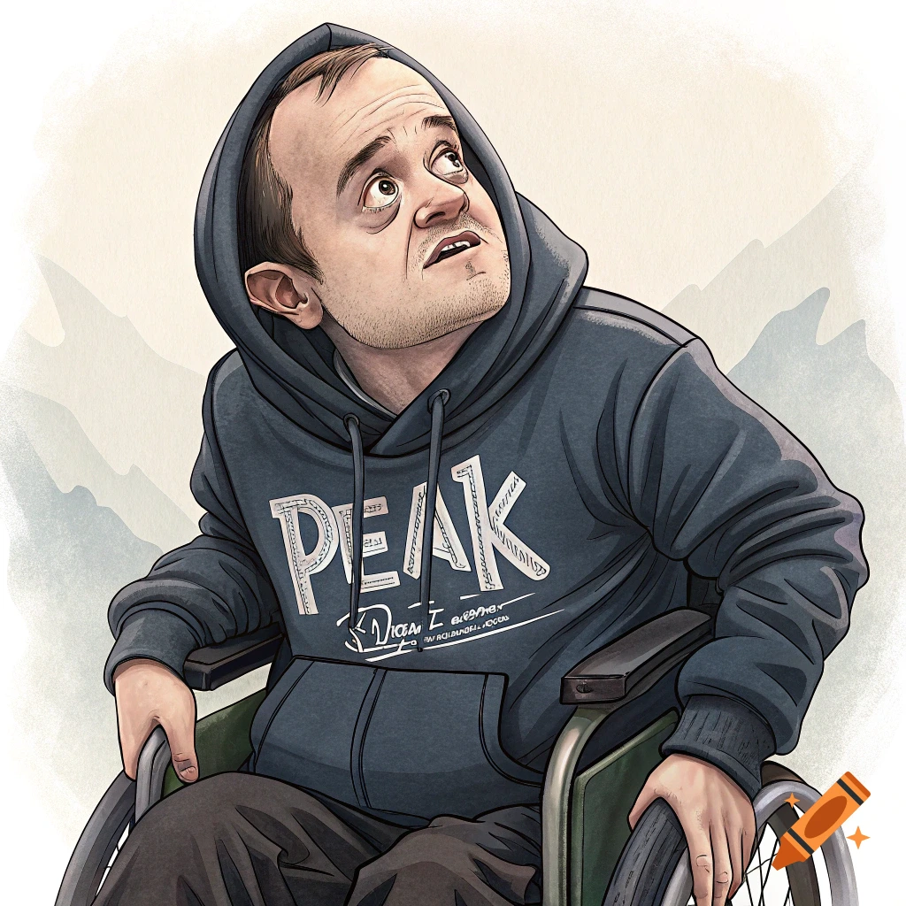 Illustration of a man in a peak hoodie in a wheelchair looking up