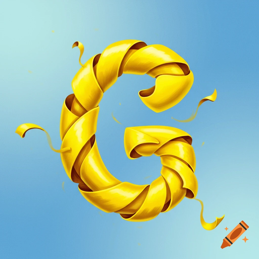 Yellow ribbon forming the letter G against a blue background.