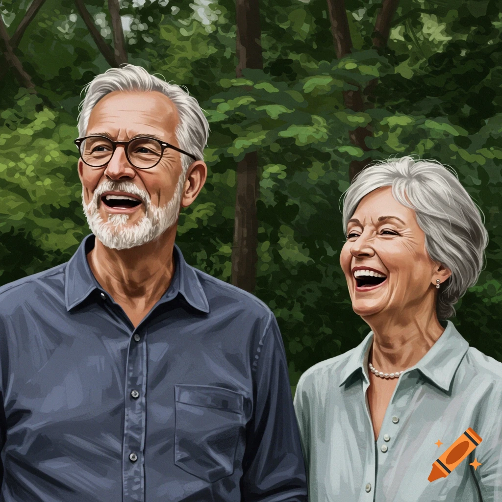 An elderly couple laughing outdoors in a forest.