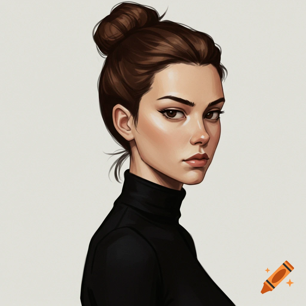 A woman with brown hair in a bun wearing a black turtleneck.