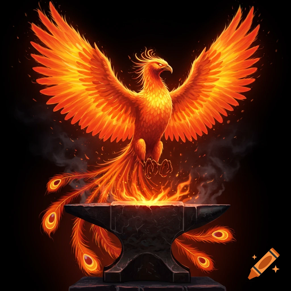 A flaming phoenix rising from an anvil against a dark background.