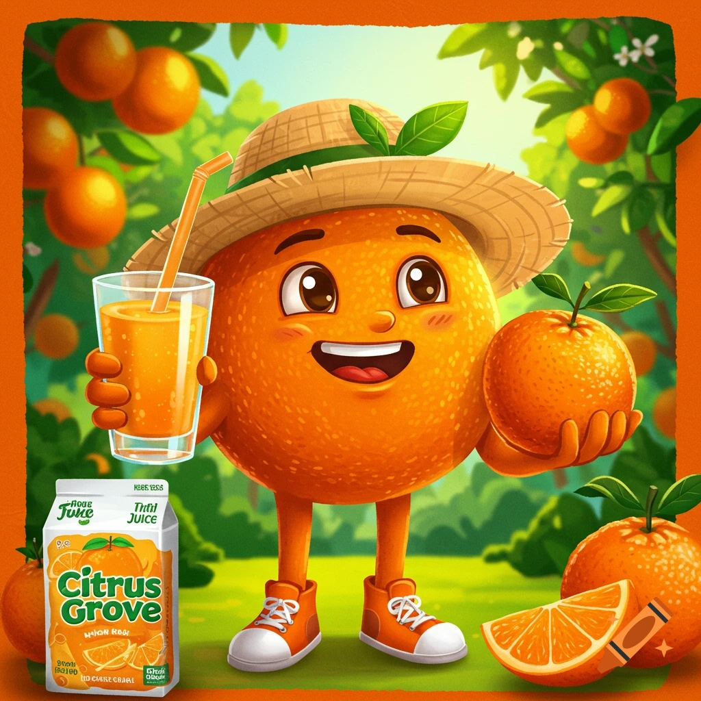 Cartoon orange mascot in a straw hat holds juice and an orange in a citrus grove.