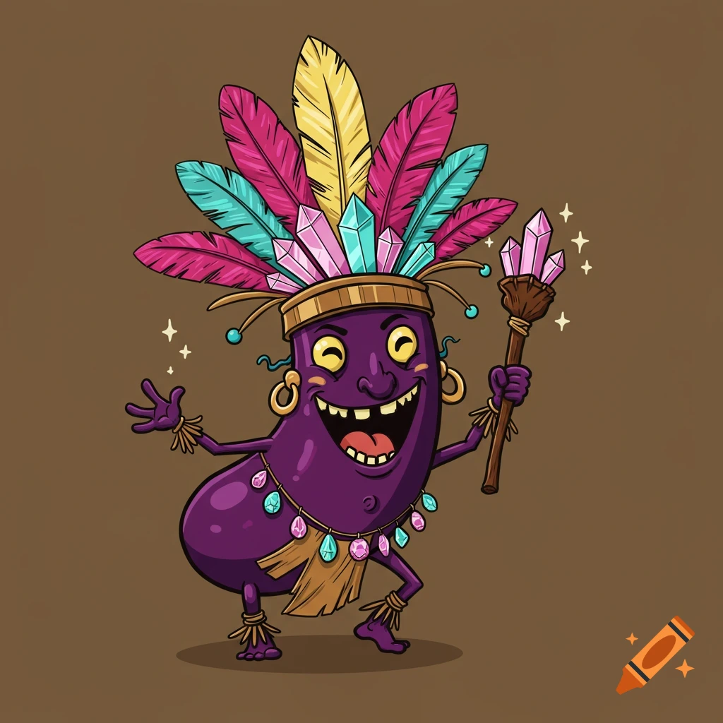 Cartoon purple creature dressed as a voodoo priest with feathers and crystals, dancing