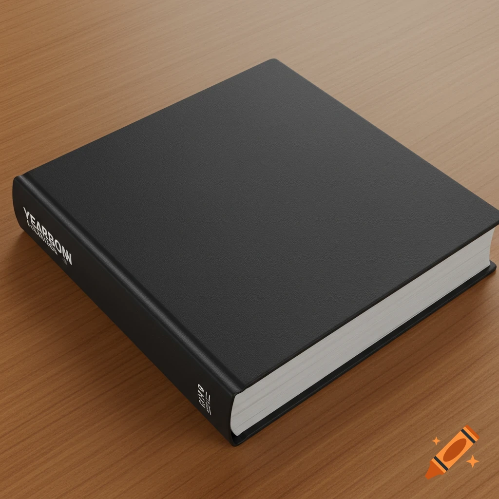 A realistic image of a black book or yearbook laying flat on a wooden table, showing the spine with text and the cover.