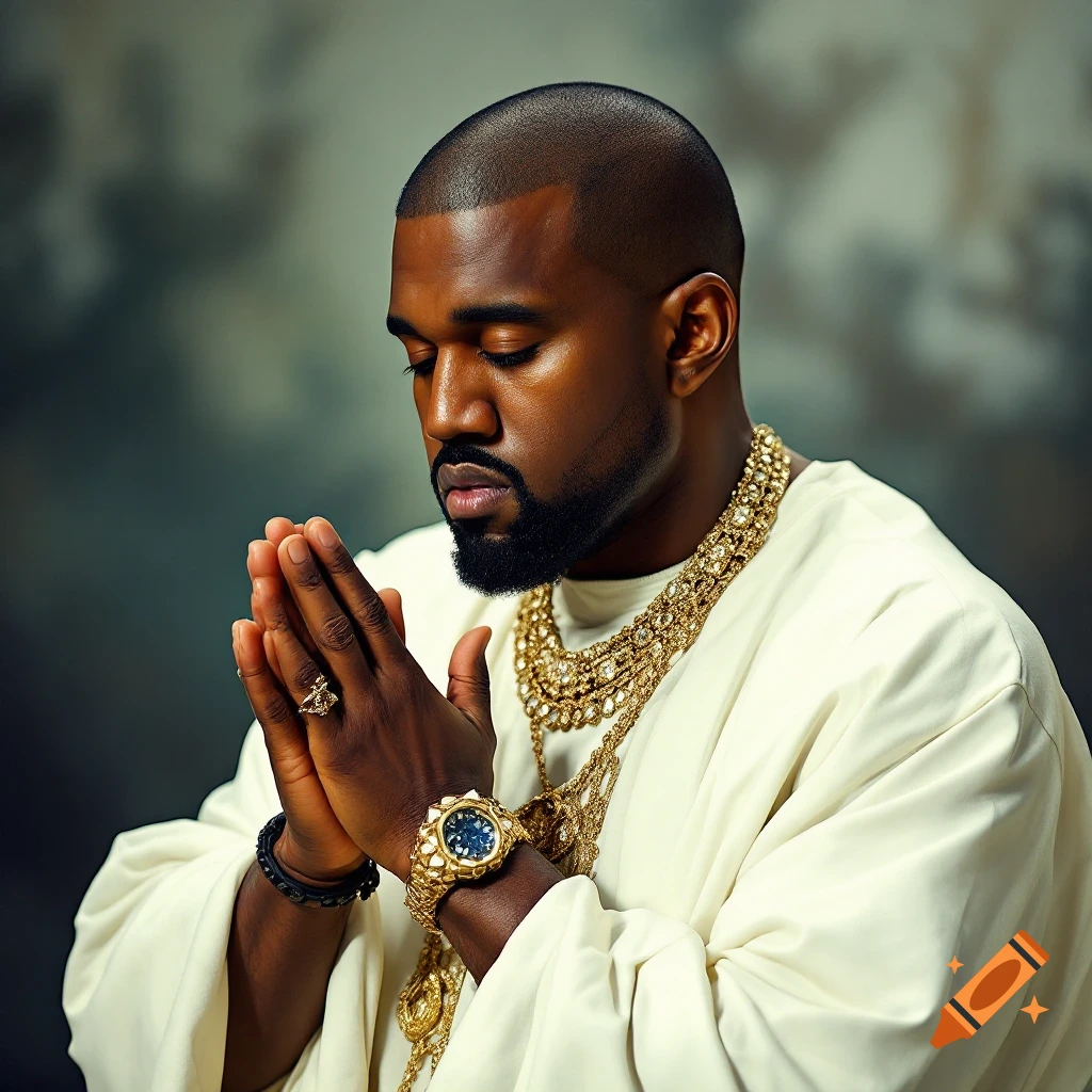 Kanye West praying in a white robe and gold chains, photorealistic style.