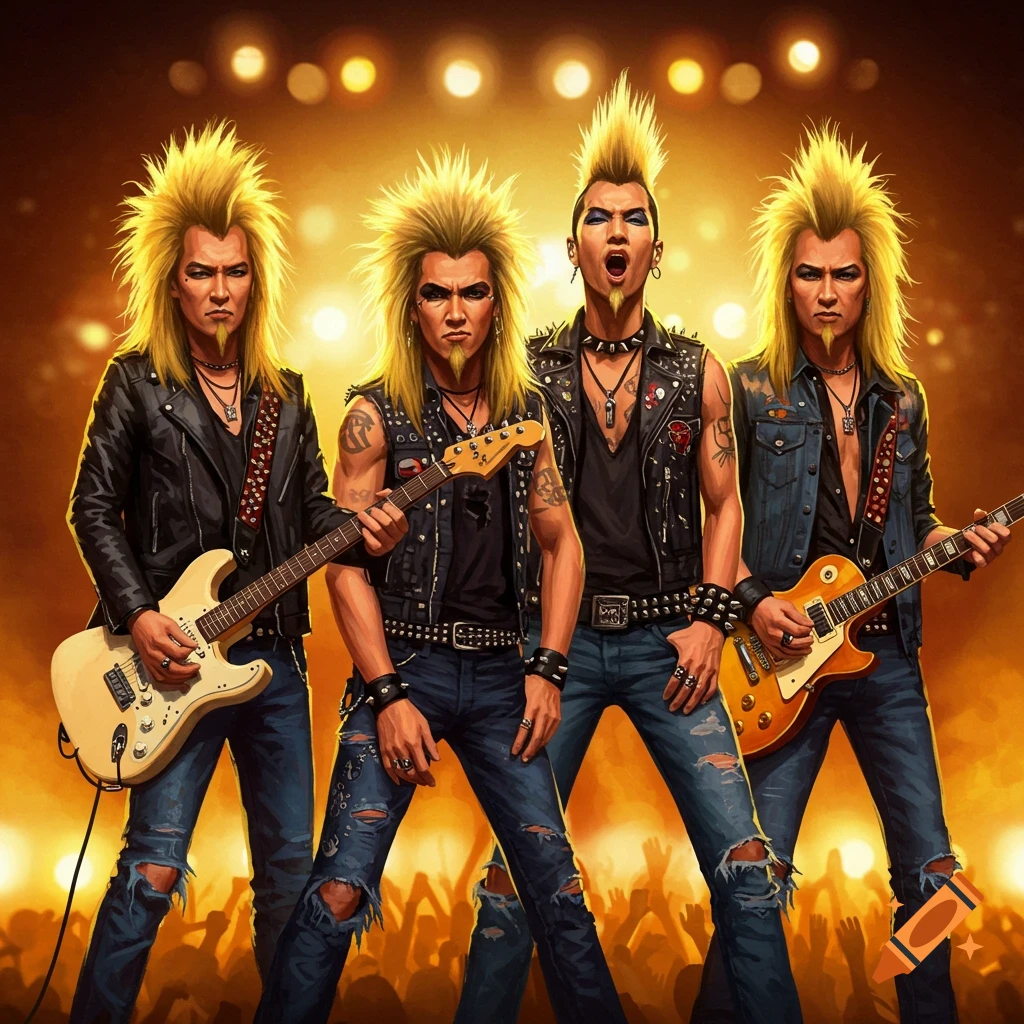 Four rock band members with big blonde hair perform on stage, playing guitars, wearing leather jackets and ripped jeans.