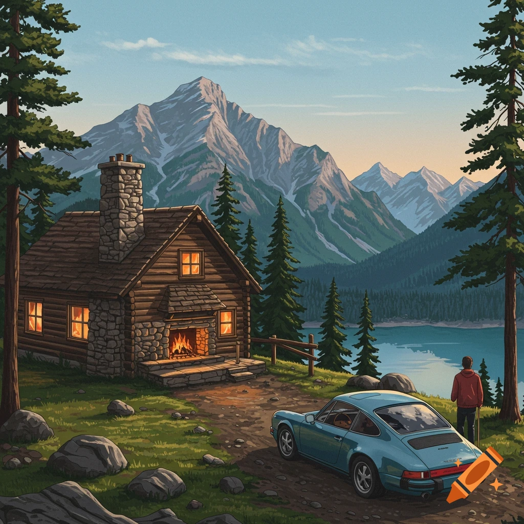 A cozy cabin with a fire, a blue Porsche, and a person overlooking a lake and mountains.