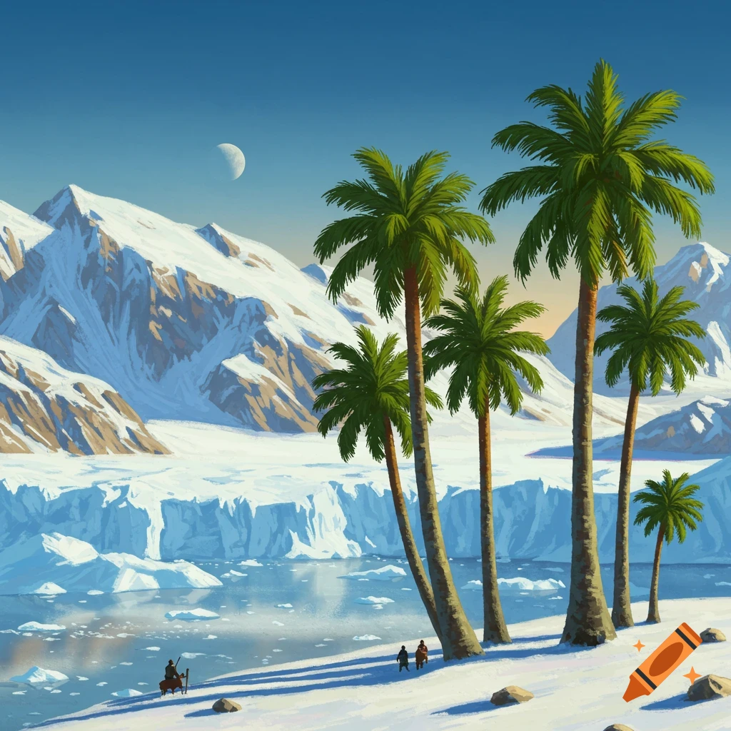 Palm trees on snowy shore by glacier, mountains.