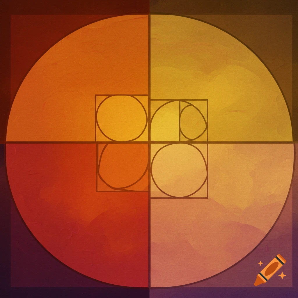Abstract image showing Golden Ratio geometry within a circle divided into warm color quadrants, with a textured canvas look.