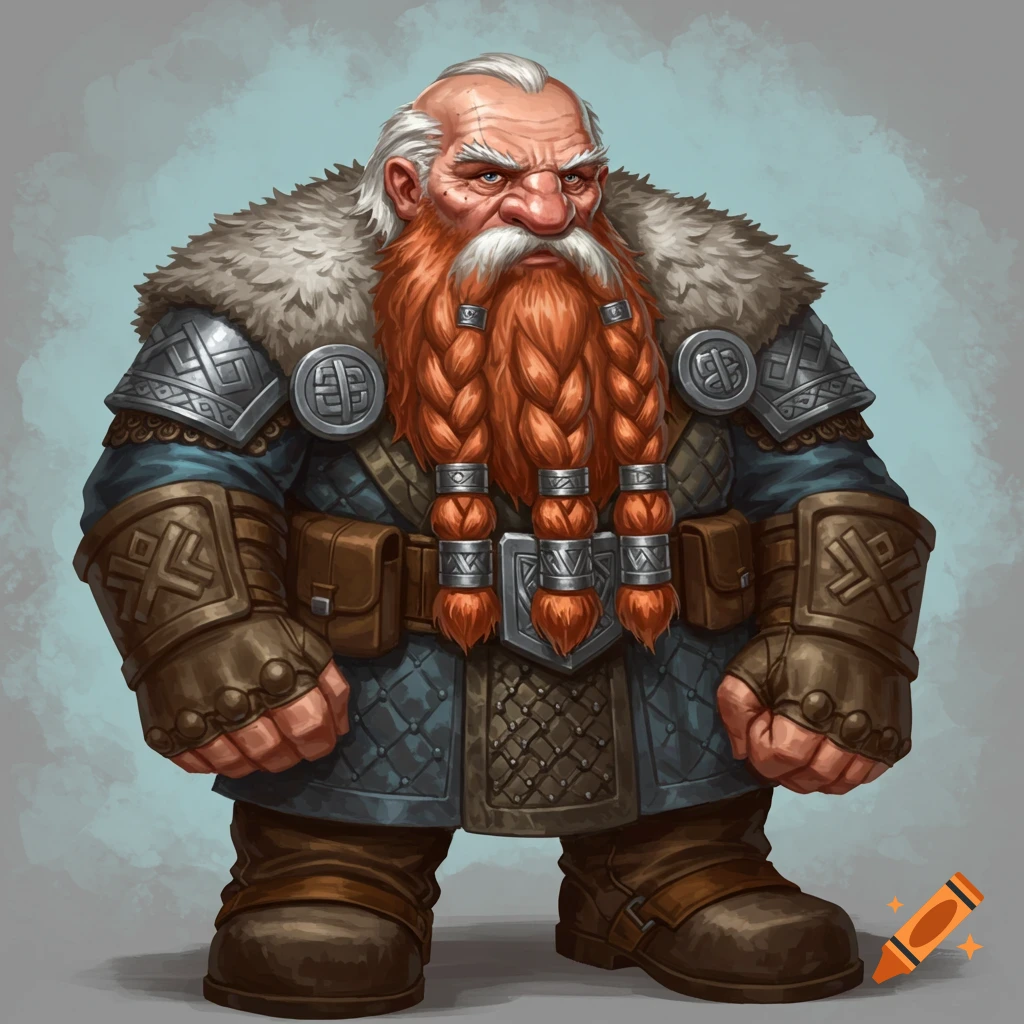 A stocky dwarf character with a long braided red beard and armor.