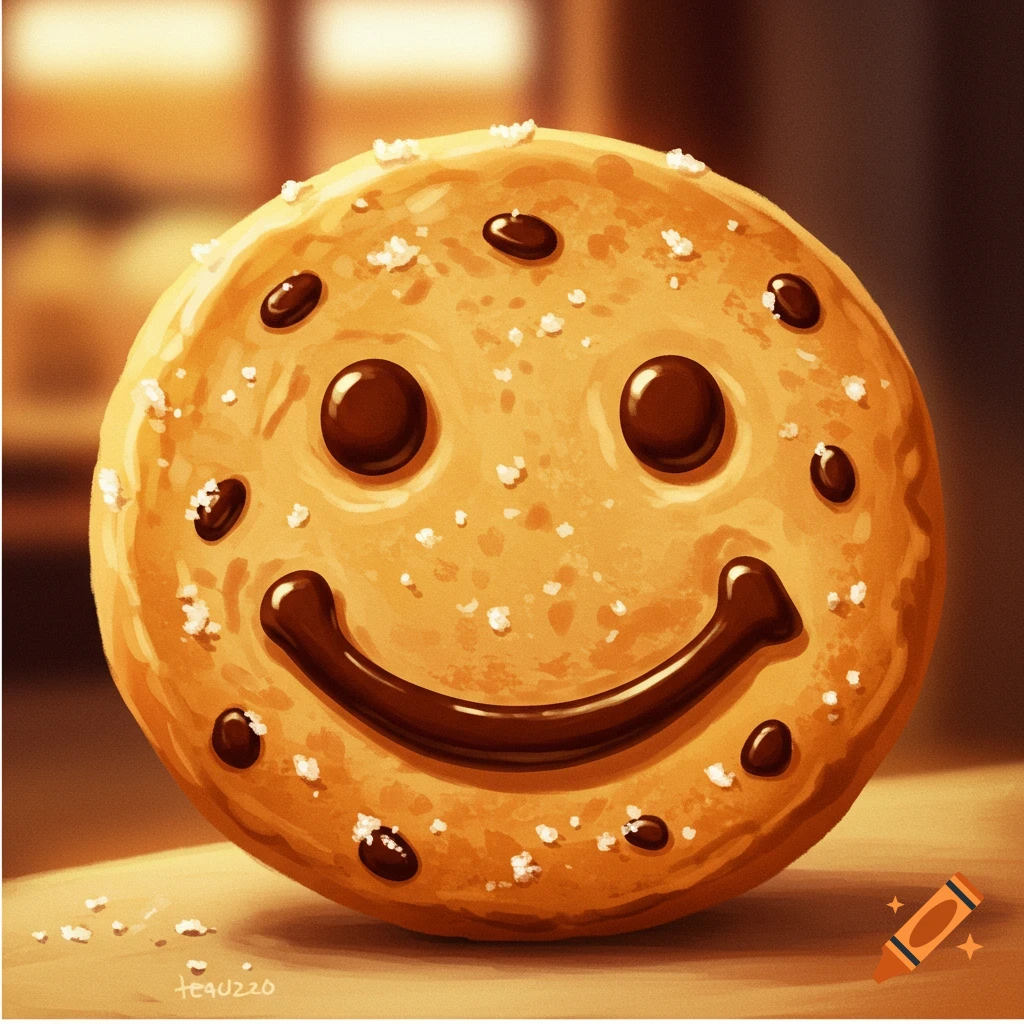 A cookie with a chocolate chip and a chocolate smiley face.