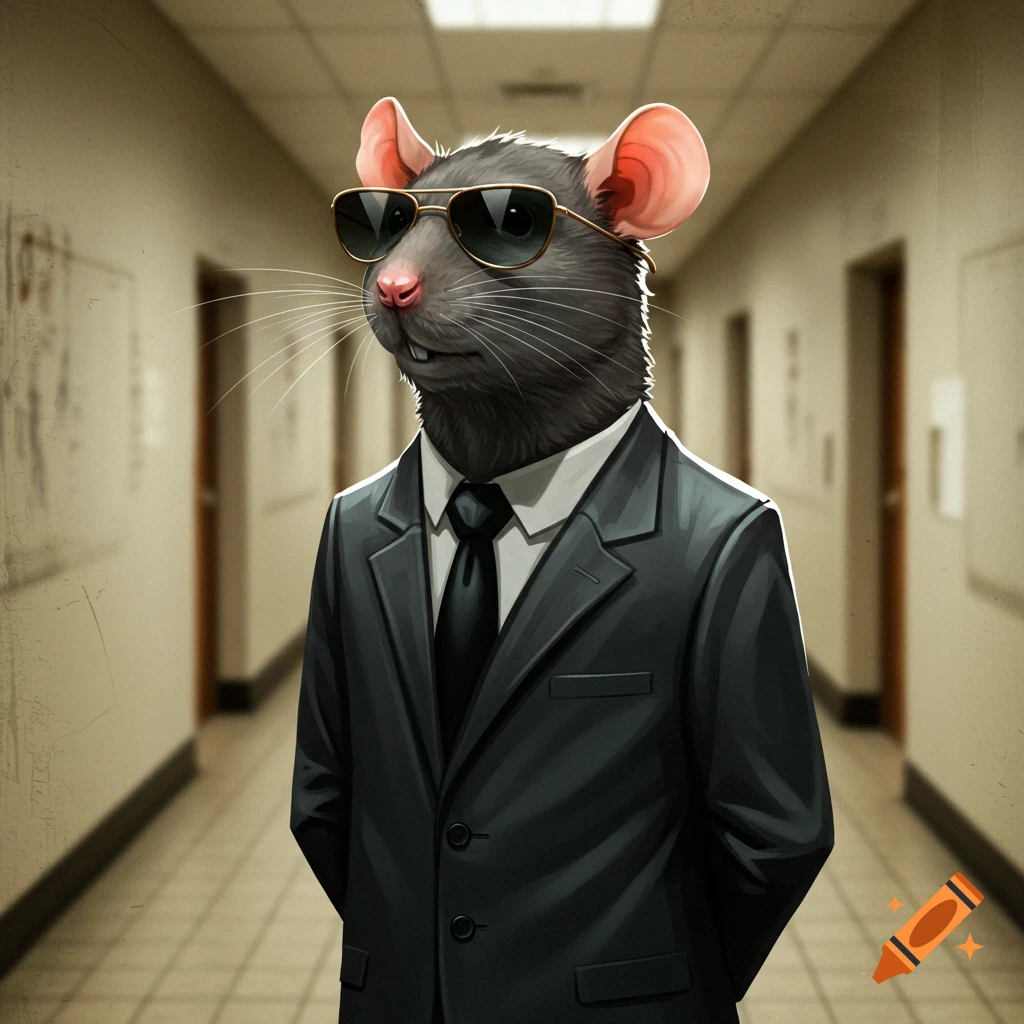 A rat in a suit and sunglasses stands in a hallway.