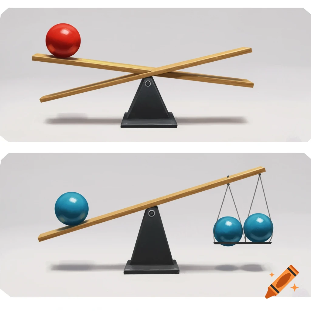 Two balances: one balanced with a single red ball, the other unbalanced with one blue ball and two blue balls on a tray.