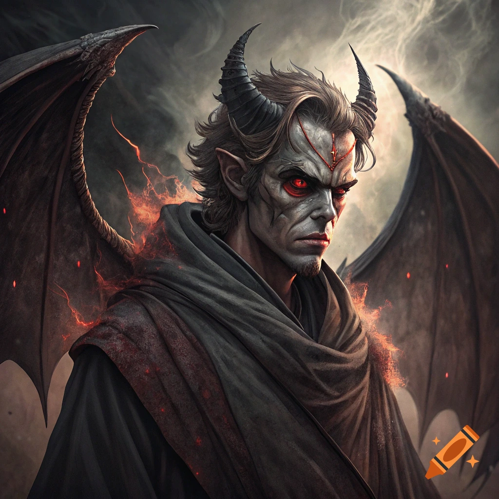 A detailed portrait of a demon character with horns, red eyes, wings, and a dark cloak against a smoky background