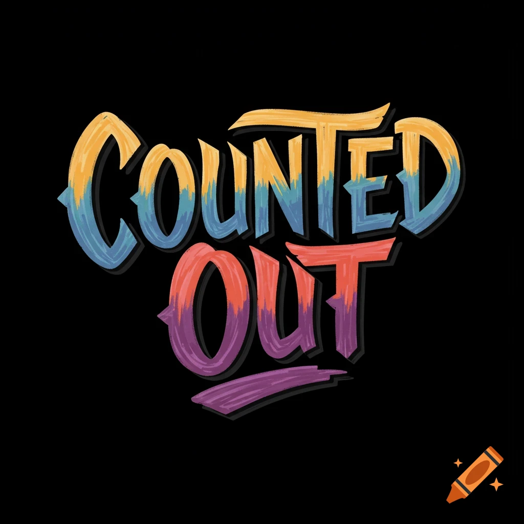 Stylized colorful lettering reading 'COUNTED OUT' on a black background.