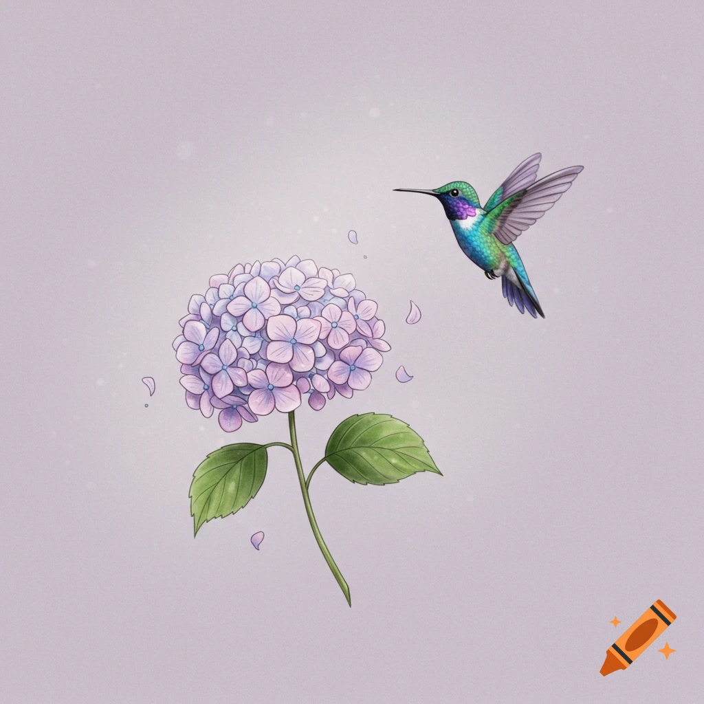 Digital illustration of a hummingbird near a purple hydrangea flower.