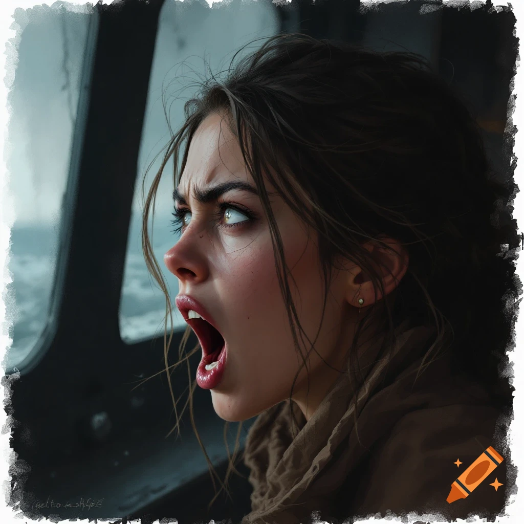 A woman yells, looking intensely out a window.