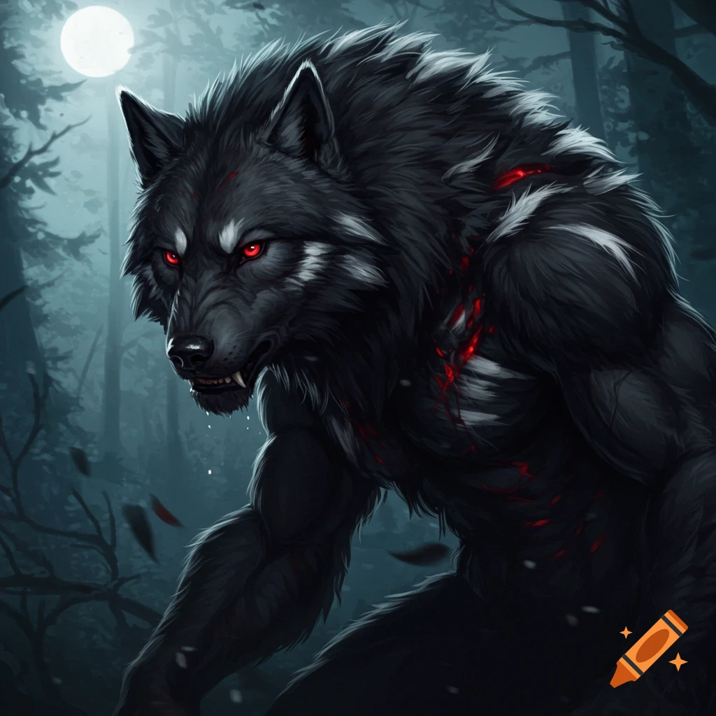 A black werewolf with red eyes and white patches stands in a dark forest illuminated by moonlight.