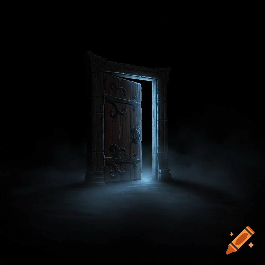 An old wooden door slightly open in a dark, misty void with light spilling from the opening.