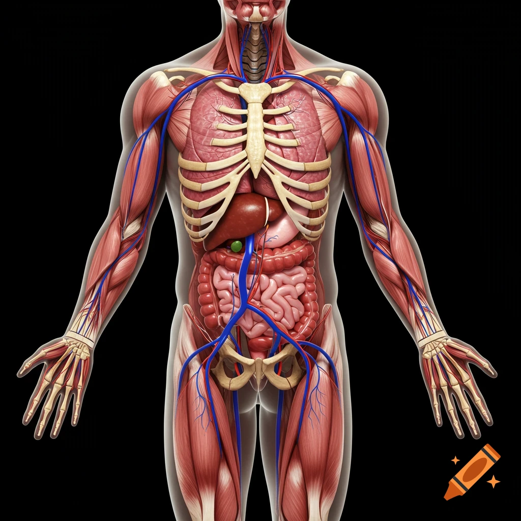 Detailed illustration of human anatomy showing muscles, skeleton, organs, arteries, and veins.