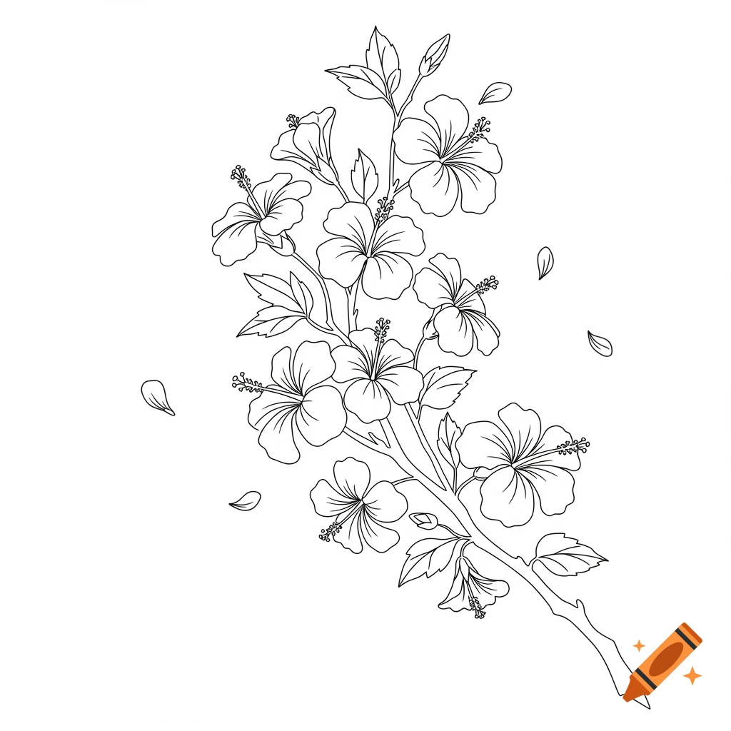Black outline drawing of a hibiscus branch with flowers and leaves.