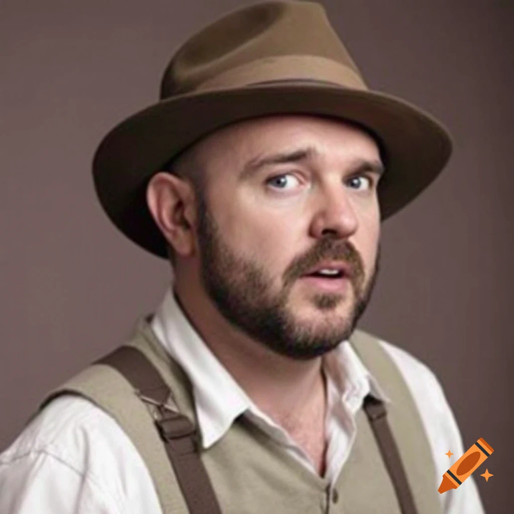 Portrait of a man in a brown fedora hat, white shirt, and suspenders looking surprised at the camera.