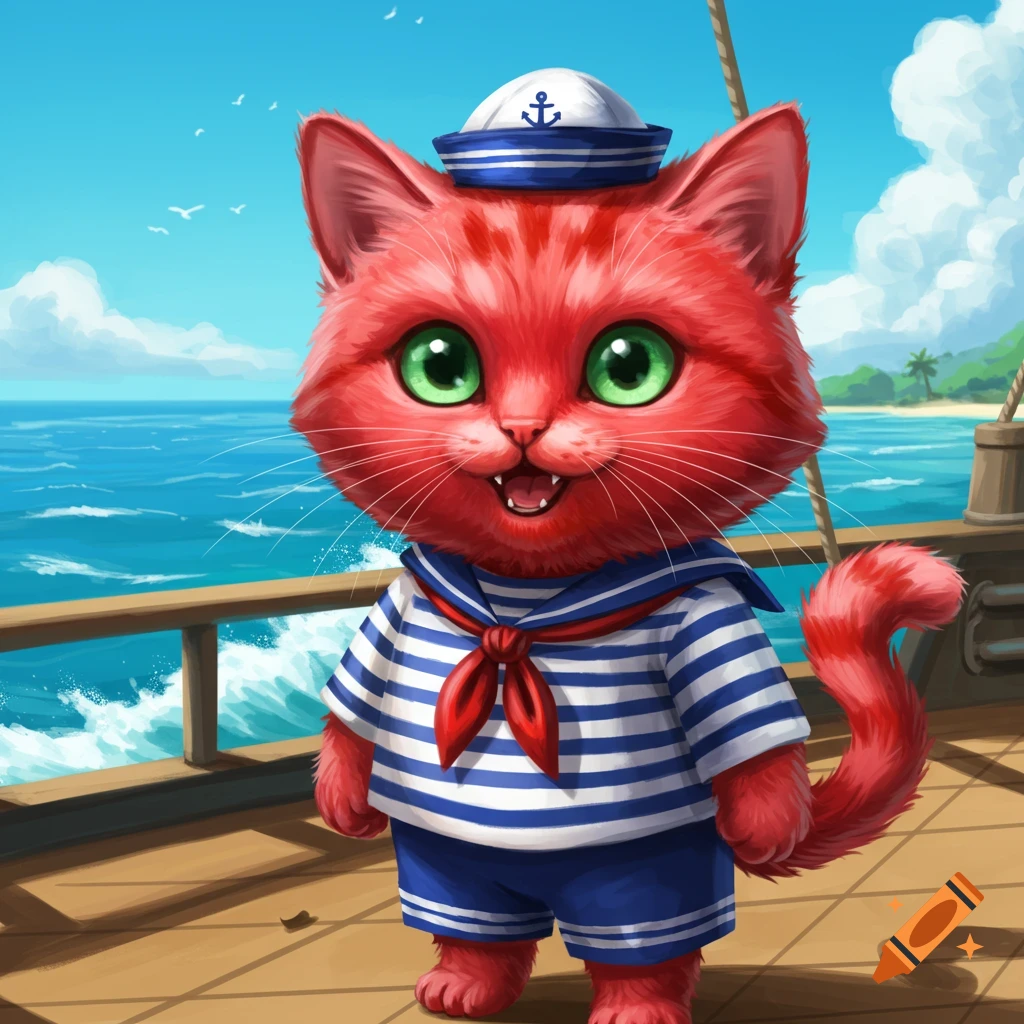 A red cat wearing a sailor outfit stands on a ship deck.