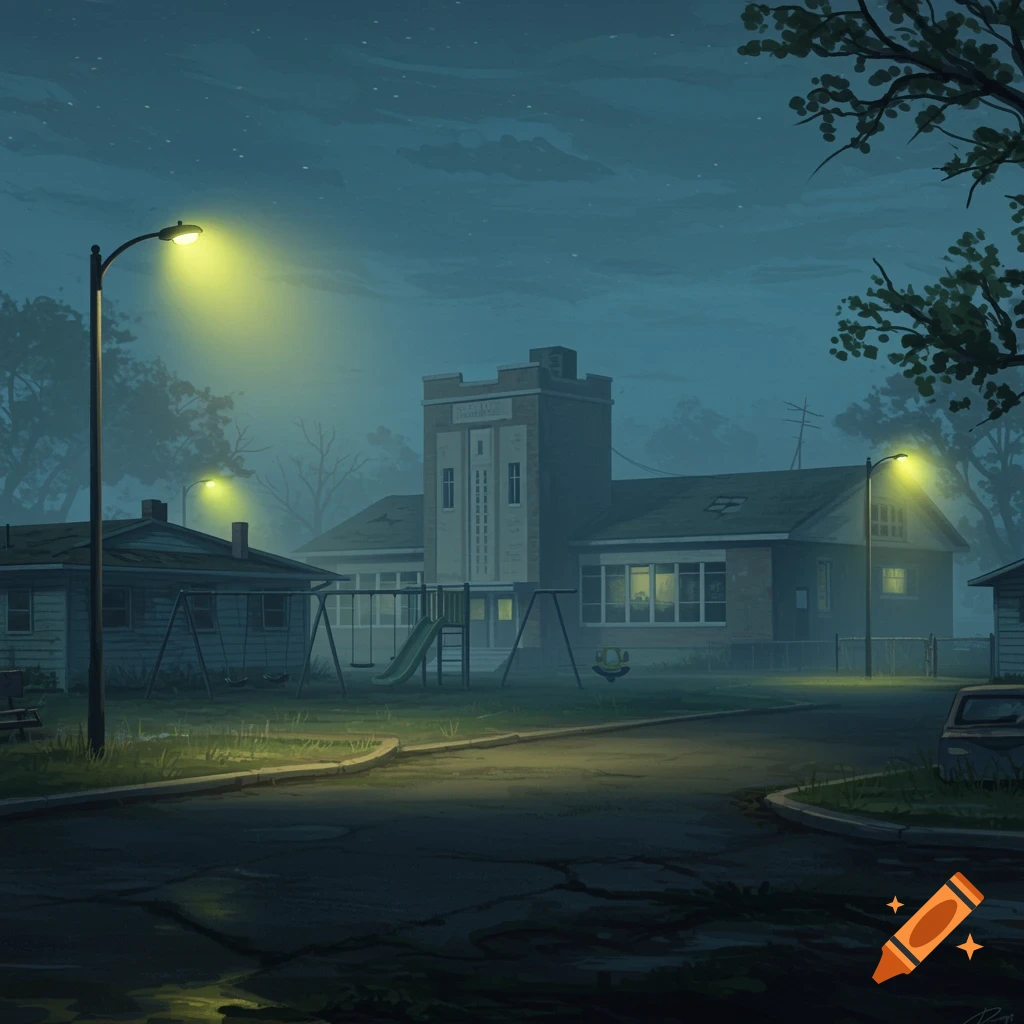 An abandoned school at night under foggy streetlights.