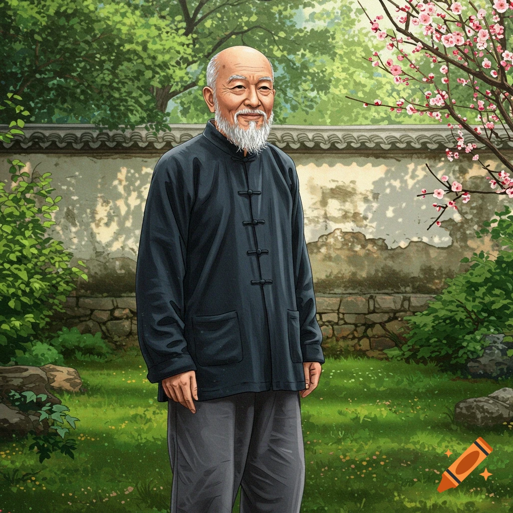 An old Chinese man with a beard stands in a traditional garden with cherry blossoms.