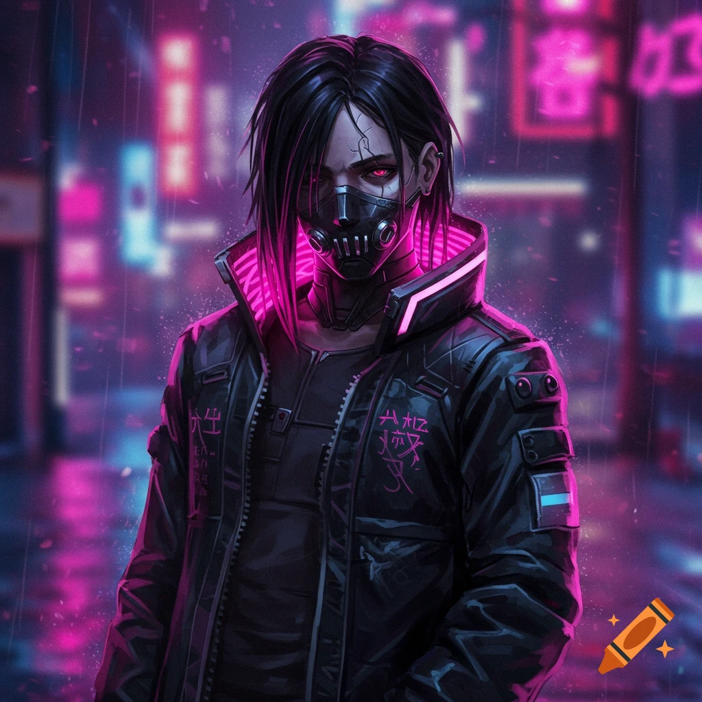 A person in a cyberpunk mask and techwear jacket stands in a rainy city street at night.