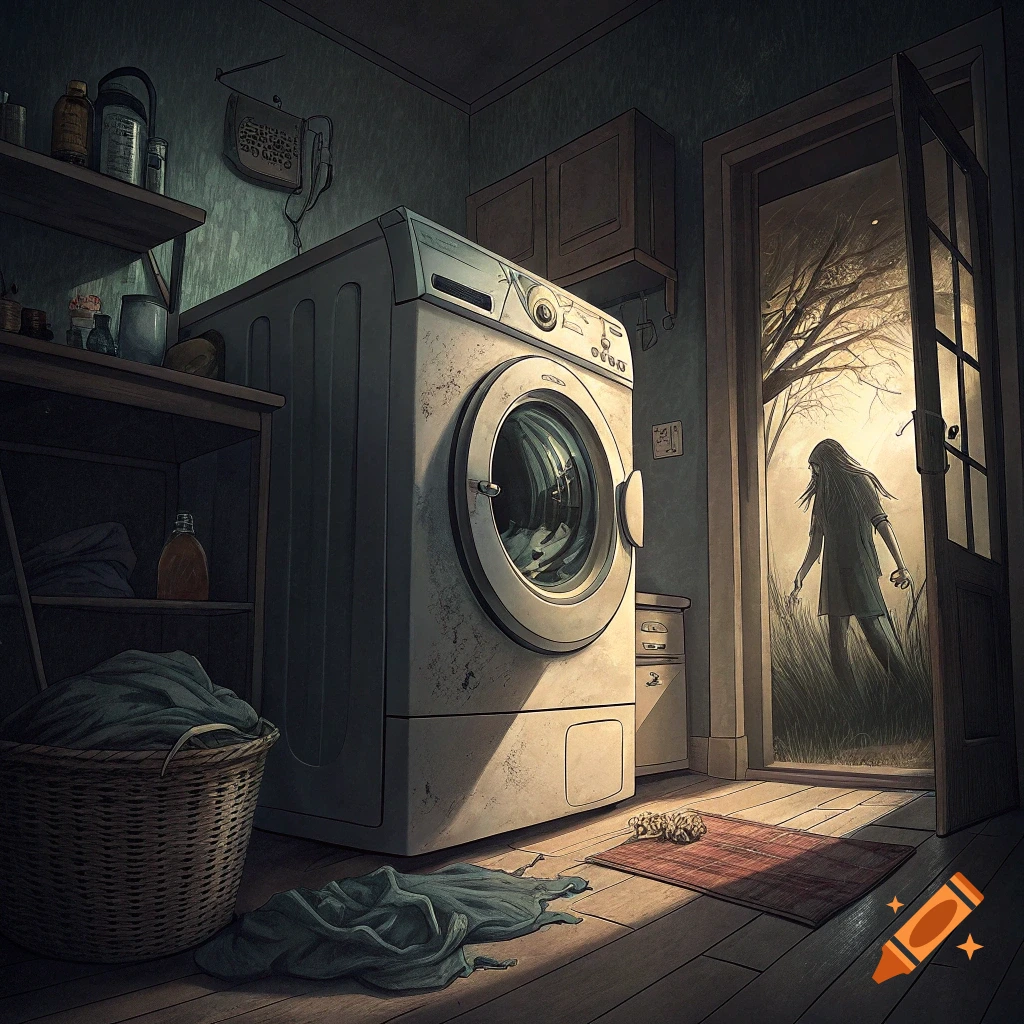 A creepy scene in a laundry room with an open door revealing a person standing in tall grass outside.
