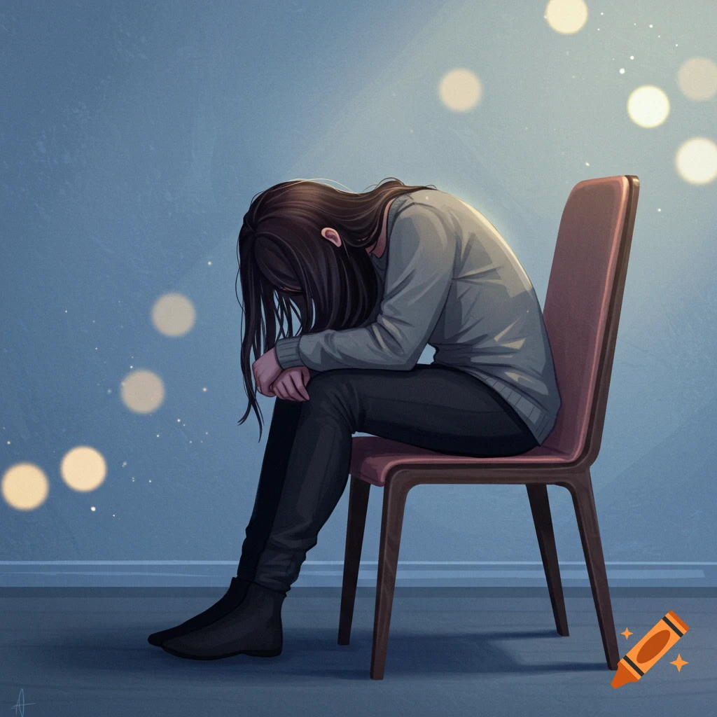 A person is sitting slumped on a chair with their head down, appearing depressed, in a room with bokeh lights.
