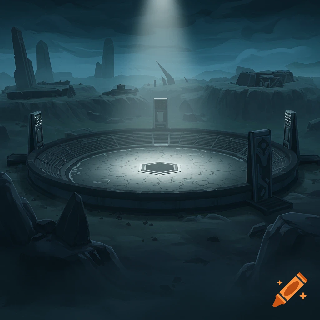 A dark, deserted futuristic arena in a gloomy alien landscape under a spotlight.