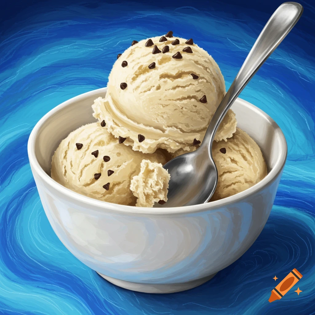 A white bowl filled with vanilla ice cream and chocolate chips is placed on a blue swirled background. A spoon is resting inside the bowl.
