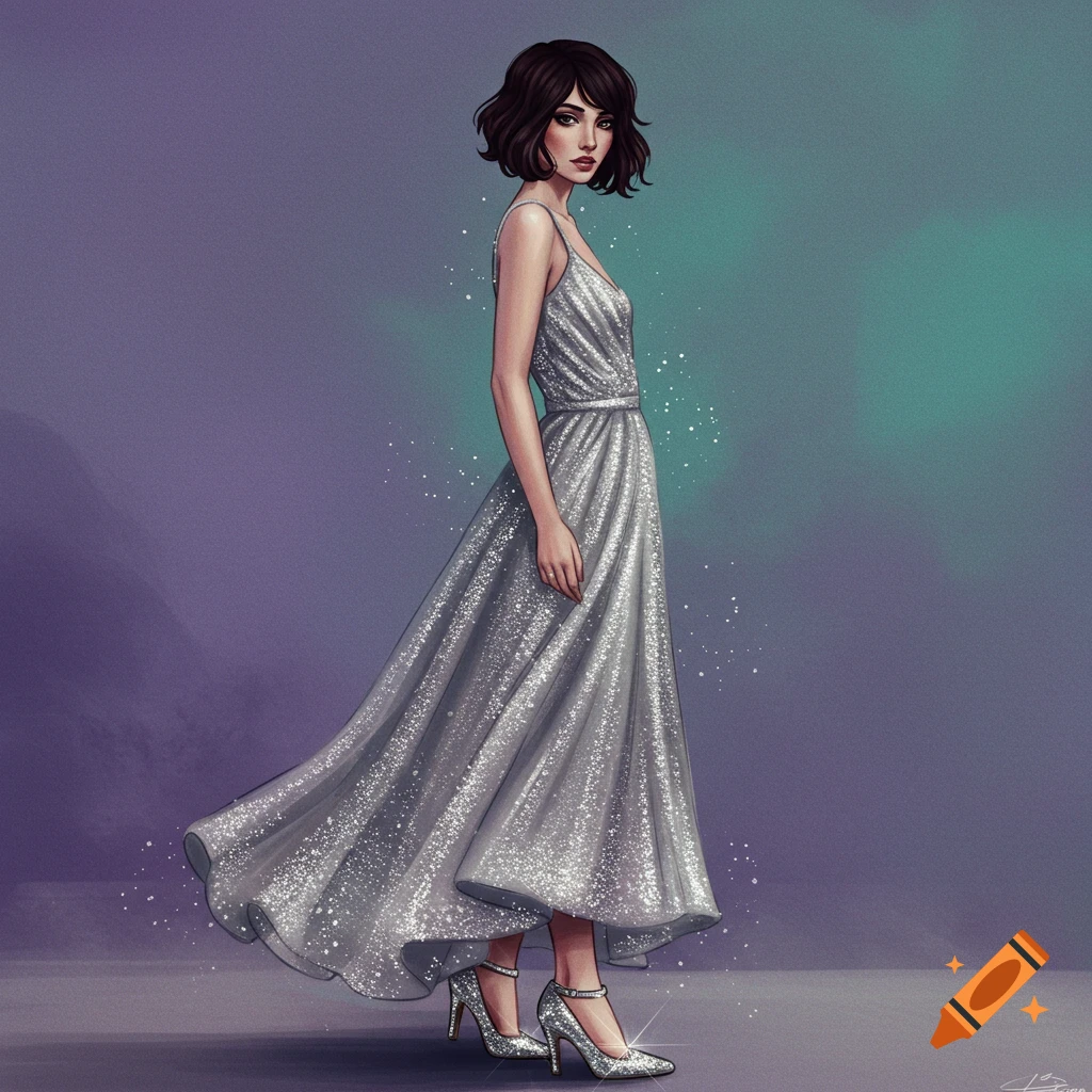 A woman with short hair is wearing a long silver sparkly dress and shimmery heels.