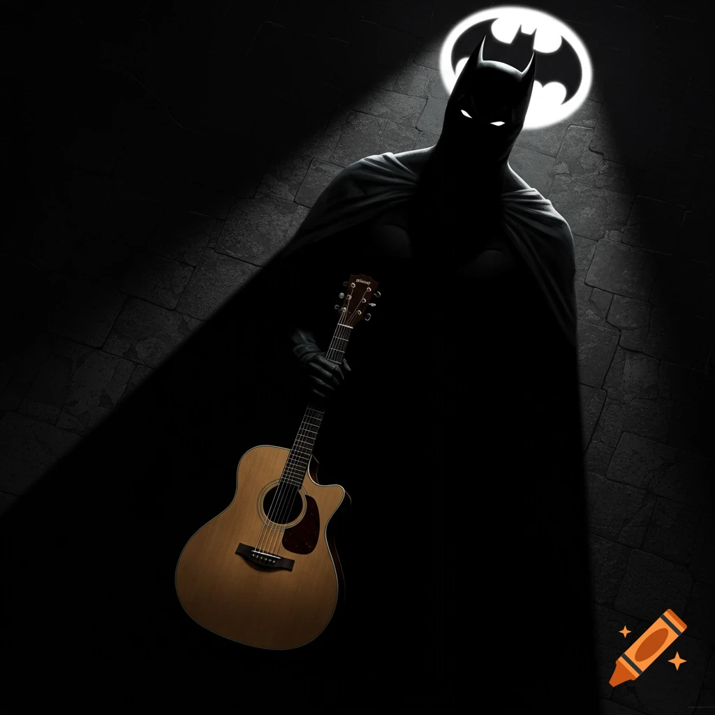 A silhouetted Batman holding an acoustic guitar in the light of the Bat-signal.