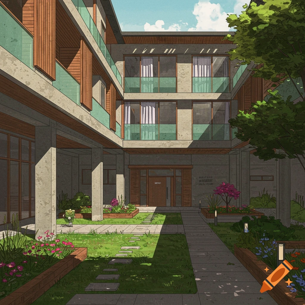 A modern building facade overlooks a lush courtyard garden with trees, plants, and pathways.