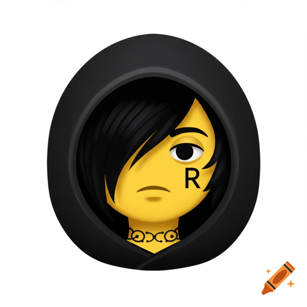 Stylized emoji of an emo person with black hood, black hair covering eye, yellow face, and an 'R' on the cheek.
