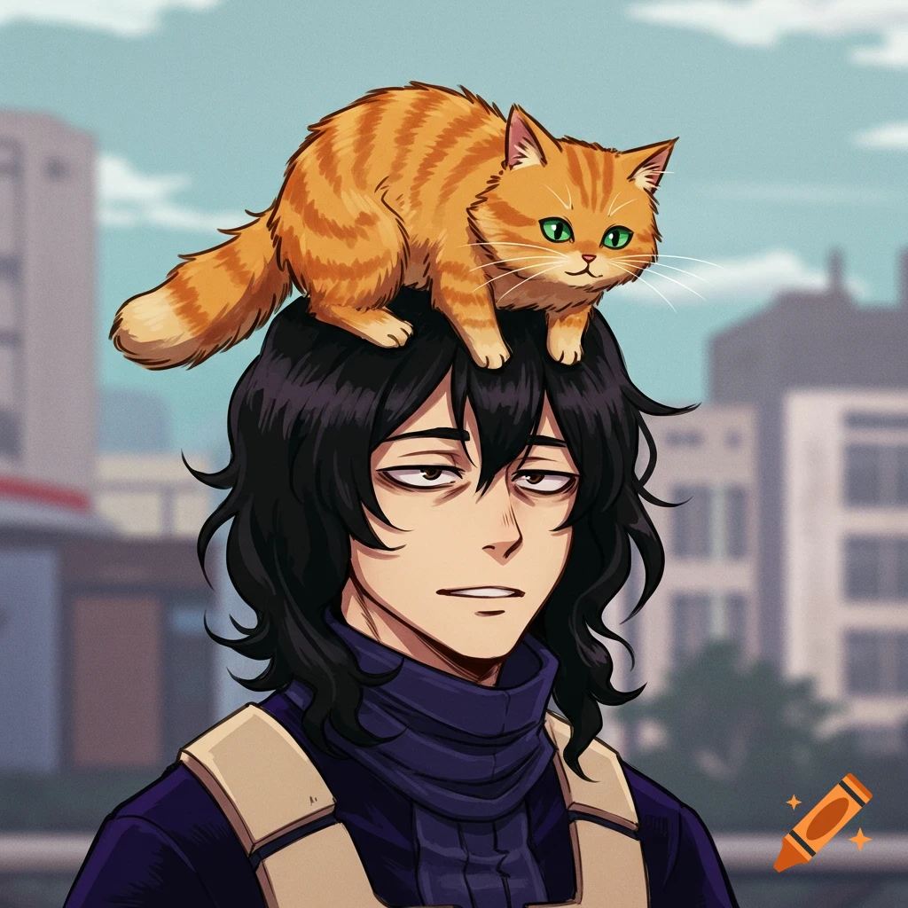 An anime character with an orange tabby cat sitting on his head, city background.