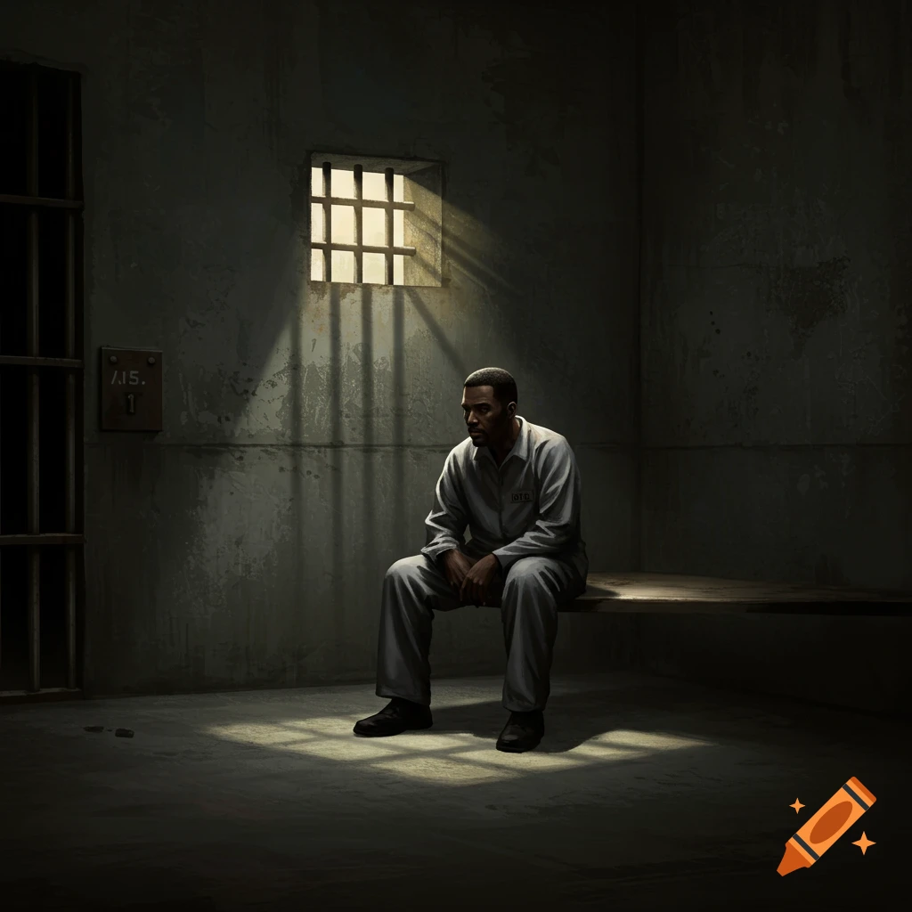 A man sits alone on a bunk in a dark prison cell, lit by light through a barred window.
