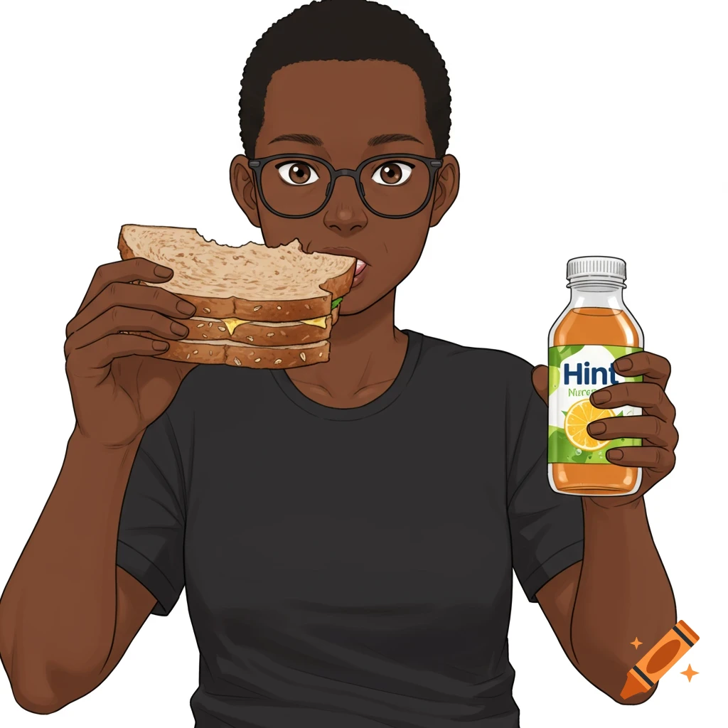 Cartoon of a person eating a sandwich and holding a bottle of juice.
