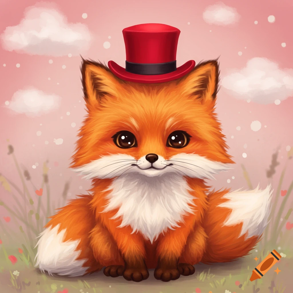 A cute illustration of a fox wearing a red top hat, sitting in a field with pink sky and clouds.