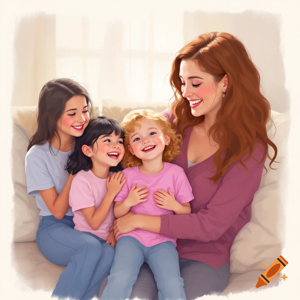 A woman and three smiling children on a couch.
