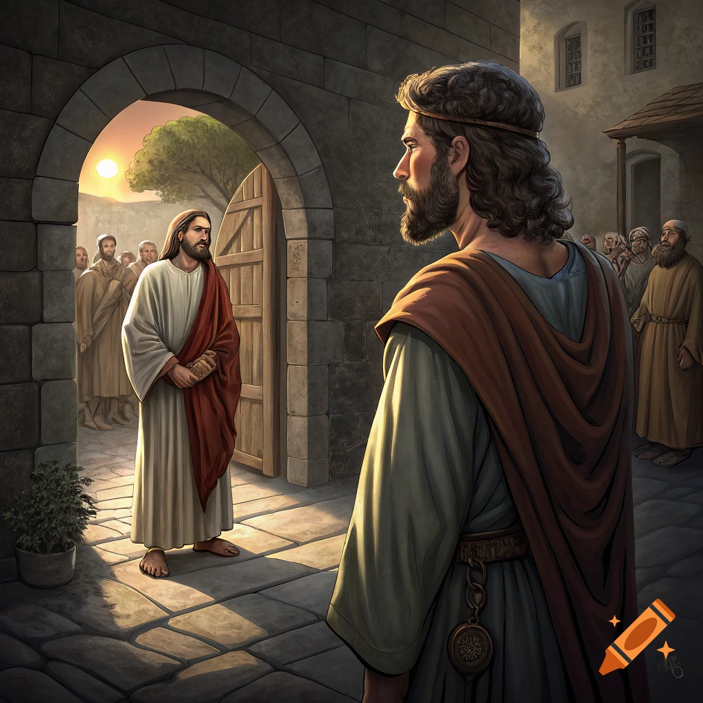 Two men in ancient robes, one by a gate with a book, the other in the foreground, with others and a sunset.