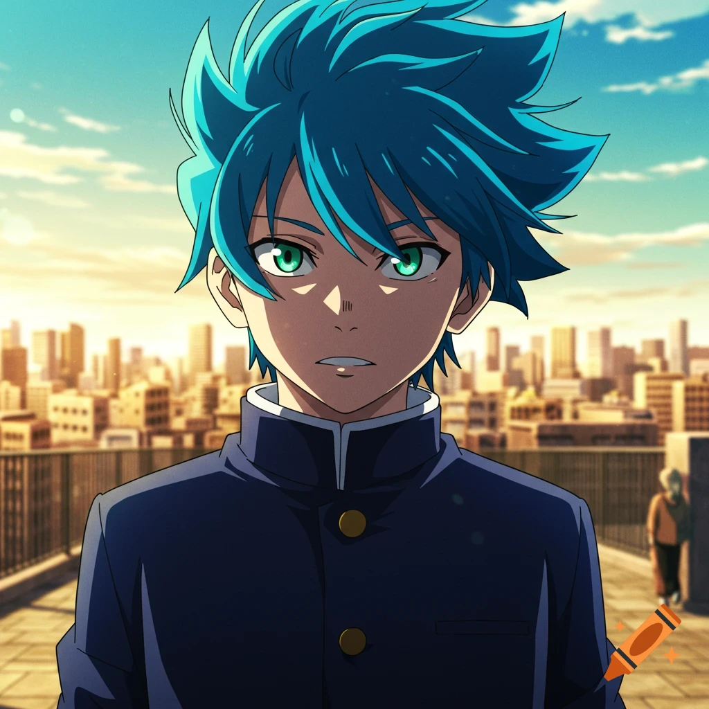 Anime boy with blue hair and green eyes in a dark school uniform standing in front of a cityscape