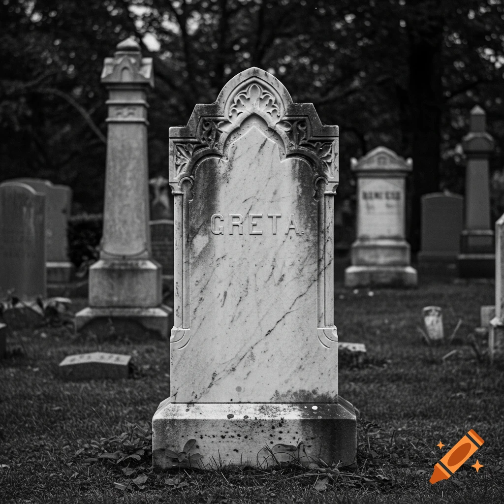 Black and white photo of a tombstone with 'Greta' carved into it in a cemetery.