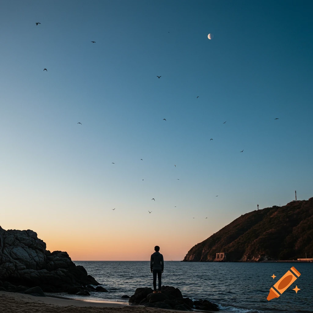 Silhouette of person on rock watching sunset over ocean with birds flying