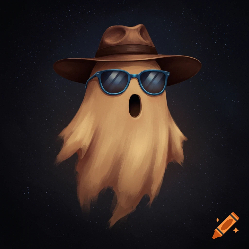 A tan ghost wearing sunglasses and a hat floats against a starry background.
